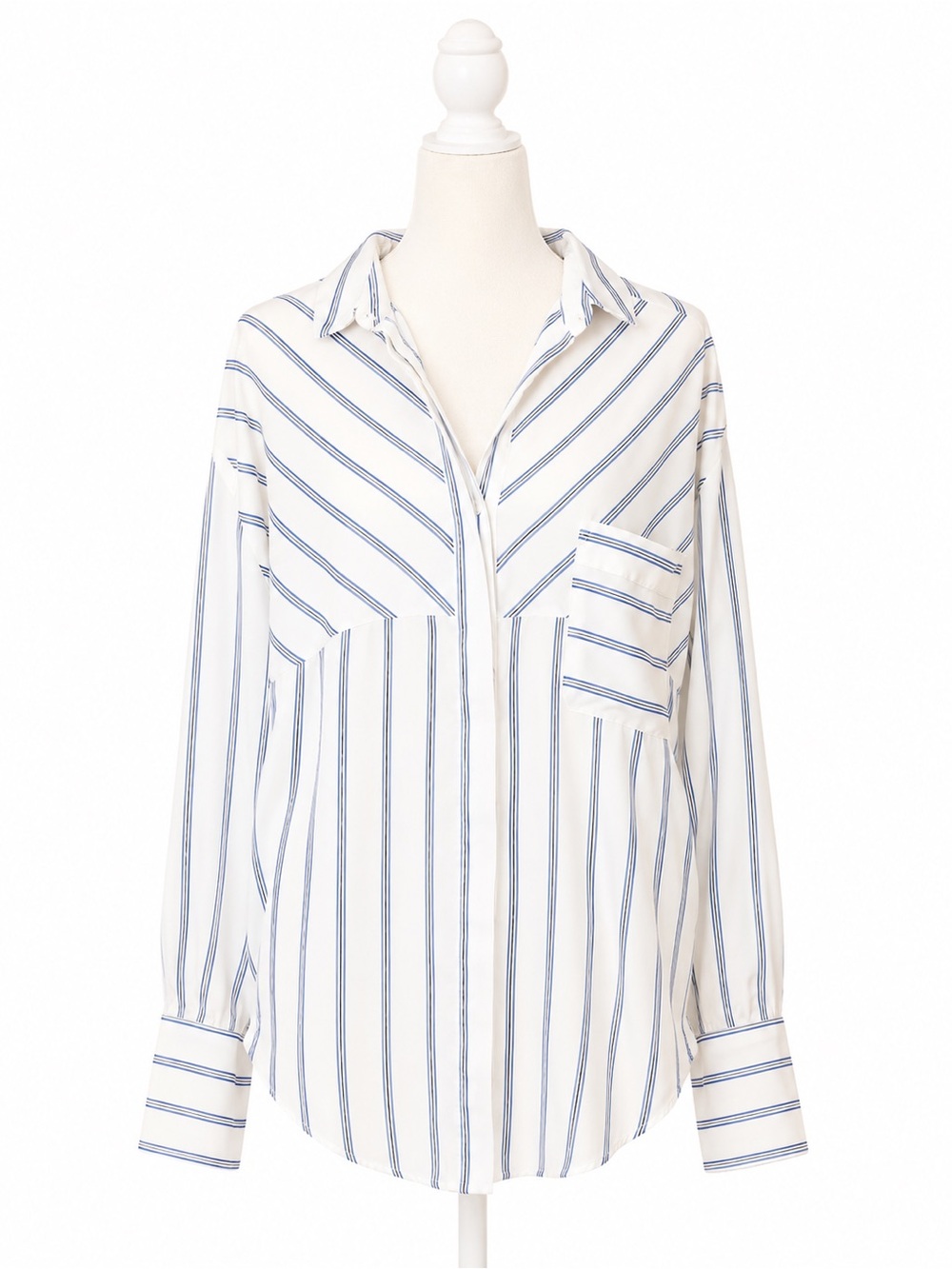 Free People Striped Button Front Blouse White Long Sleeve Pocket Shirt Size S